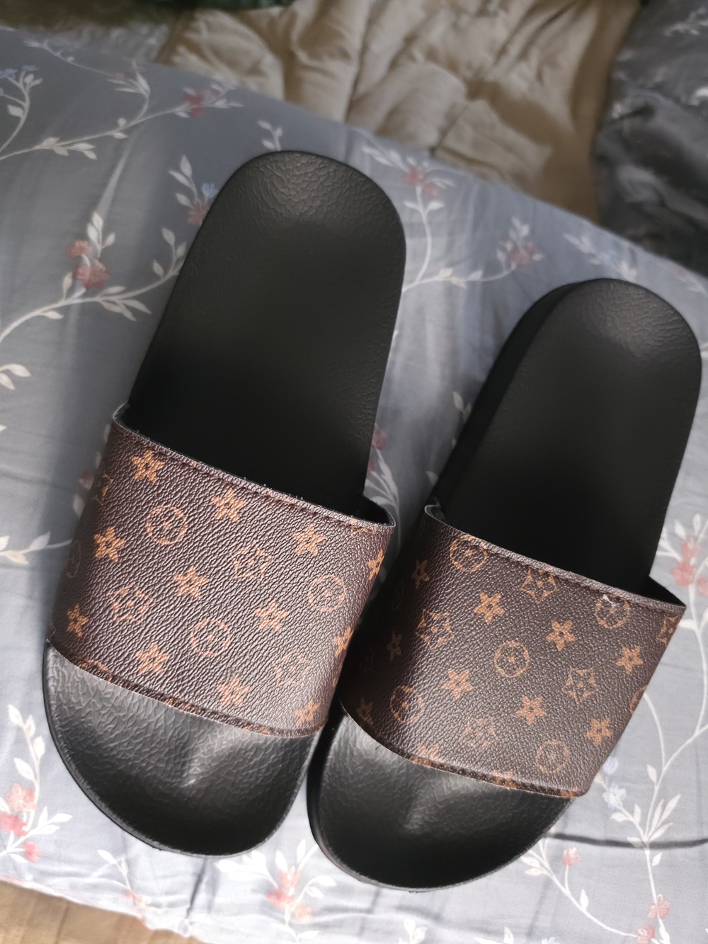 Designer-Style Brown Monogram Slide Sandals for Women Size 9